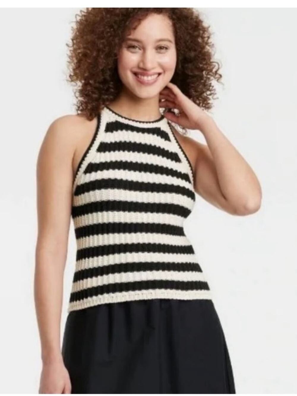 Striped Knit Halter Tank Top - Black & White
